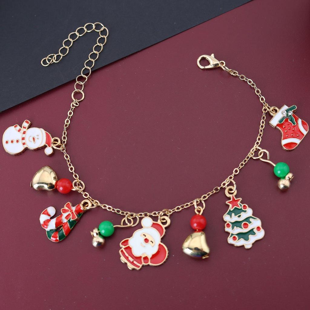 Creative European American Snowman & Santa Claus Christmas Bracelet with Bell & Wreath Pendant