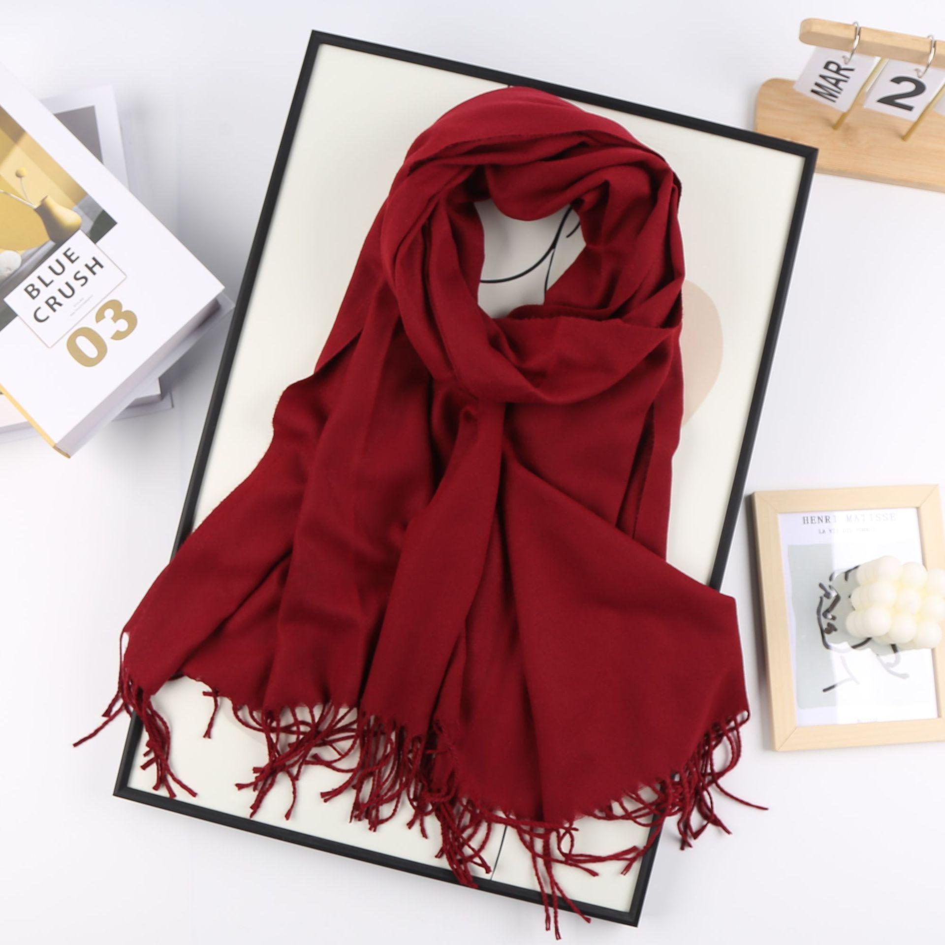 

Жіночий однотонний м’який шарф з бахромою, зимовий теплий зручний шарф із штучної пашміни та шаль для жінки, різдвяний червоний модний шарф one size