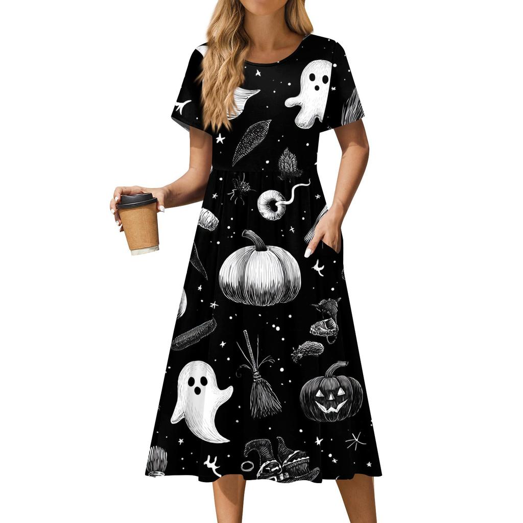 Damen Casual Mode Halloween Bedrucktes Kurzarm Rundhalskleid