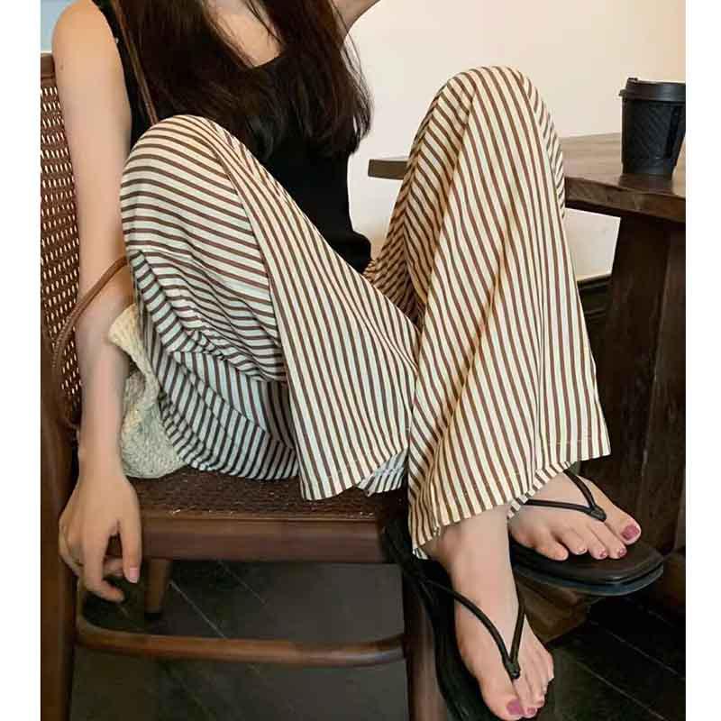 Women's Summer Striped Tie-Waist Wide-Leg Pants - Petite Fit, 145cm, Casual Lazy Style