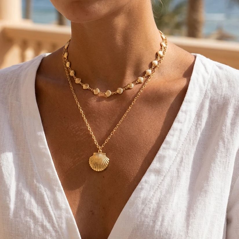 

Bohemia Gold Plated Double Layer Shell Necklace for Women Starfish Conch Scallop Pendant Choker Summer Beach Jewelry Accessories