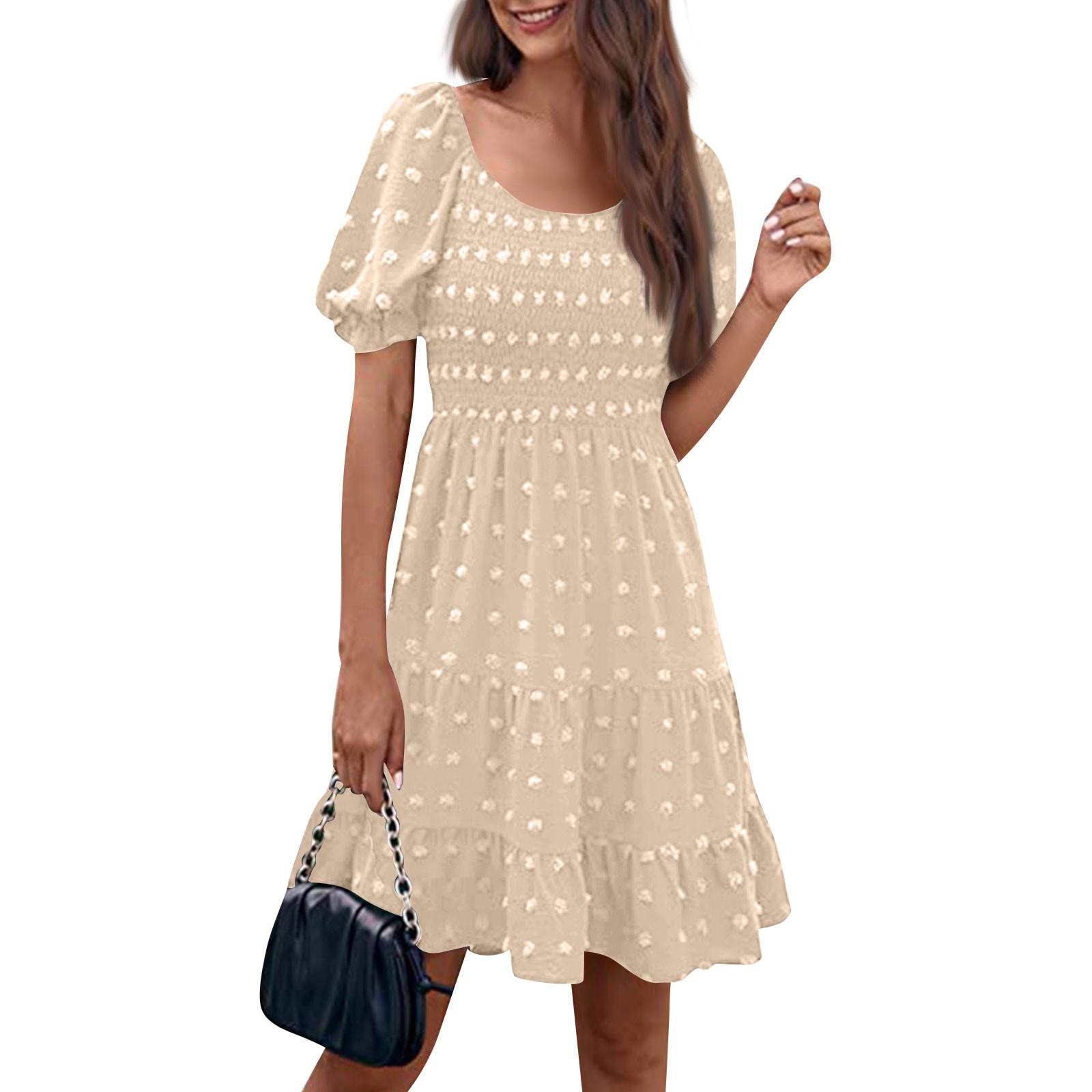 

Женские модные повседневные однотонные платья с квадратным вырезом и коротким рукавом в горошек L бежевый