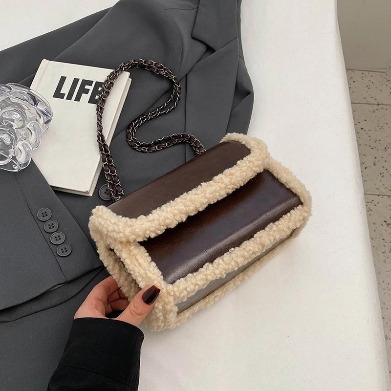 PU patched crossbody bag with magnetic buckle  crossbody bag  commuter handbag  flip chain  plush lamb  Burgundy  vintage