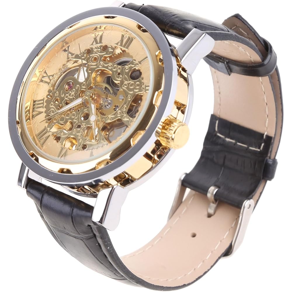 YIGZYCN Men s Black Leather Gold Skeleton Mechanical Sports Watch