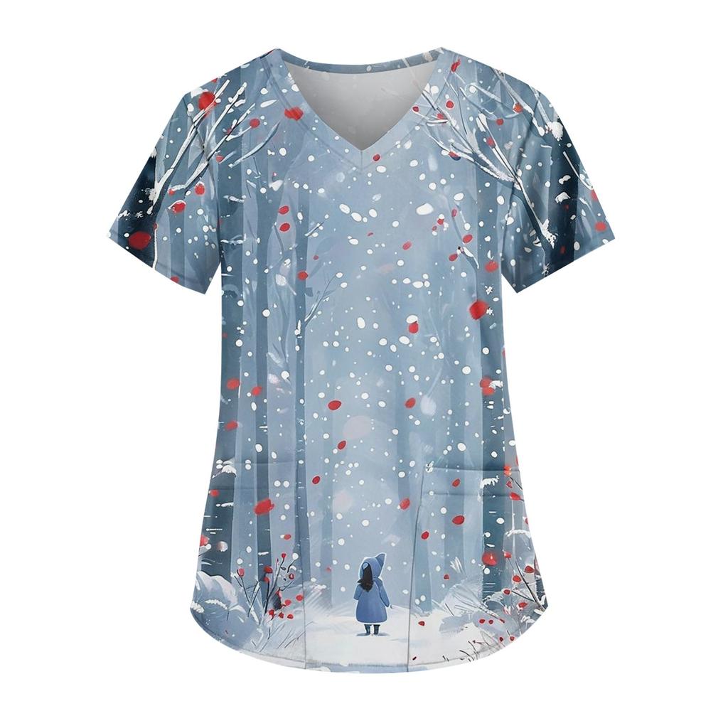 Women's Fashion V-Neck Short Sleeve Workwear With Pocket Christmas Printed Top