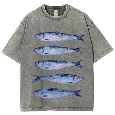 Interessantes Sardinenmuster T-Shirt Retro Water Wash Vintage Kurzarm Herren- und Damen-Lockerer Streetstyle Mode Top