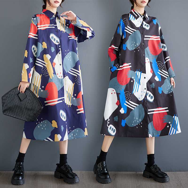 Loose Large Size Oceanic Printed Mid-Length Literary Vintage Dresses