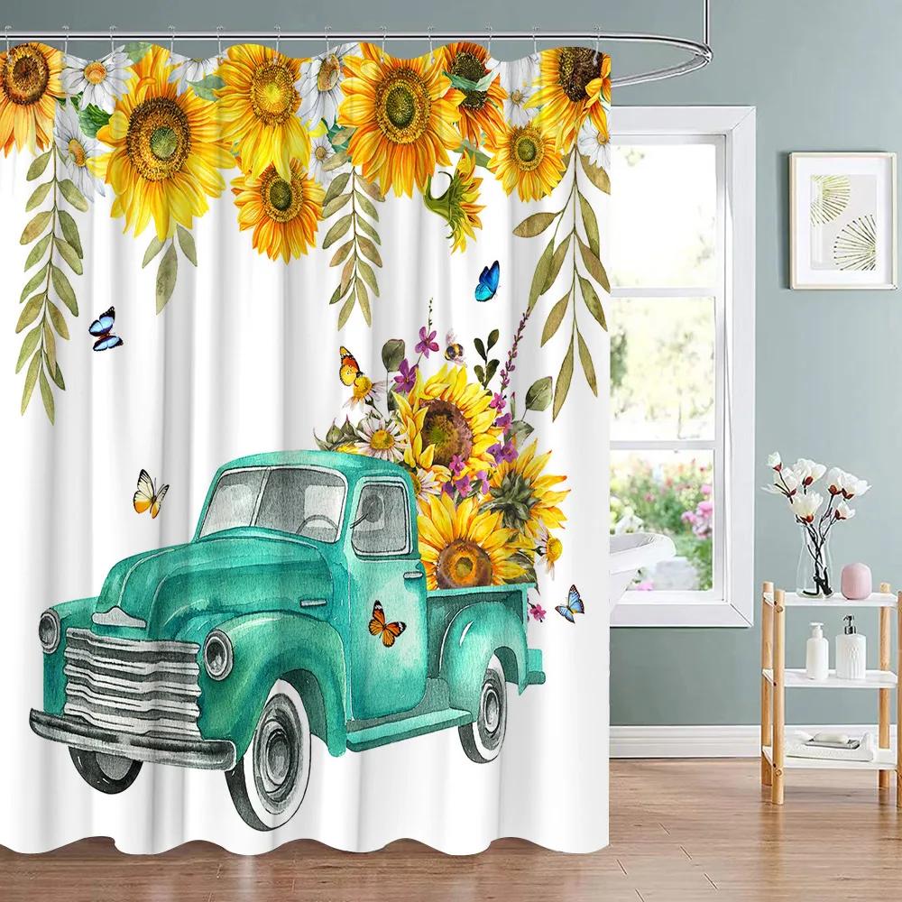 Sunflower Flower Bee Wood Grain Plant Scenery Bathroom Shower Curtain Cactus Butterfly Floral Landscape Bath Curtains With Hooks