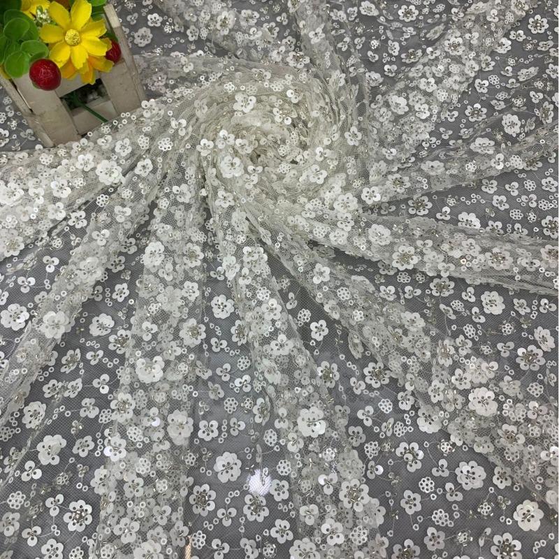 1/3/5Yard Small Plum Blossom Sequined Embroidery Fabric African Beaded Lace Fabric for Sewing Nigerian Wedding Party Lace Fabric