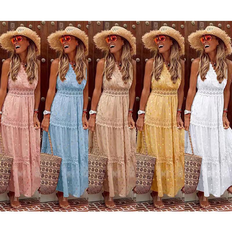 Vestido Sexy de Verão Feminino 2022 Decote V Profundo Sem Mangas Chiffon Comprimento Médio