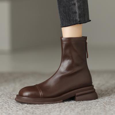 French Thick-soled Round-head Elastic Women's Autumn and Winter Flat-bottomed British Style Short Boots, Simple Martin Boots