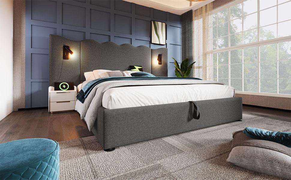 Upholstered Double Bed 160×200, Reading Lamp, USB Type-C Charging, Storage Bed Frame with Solid Wood and Metal Slats, Grey, Linen (Without Mattress)