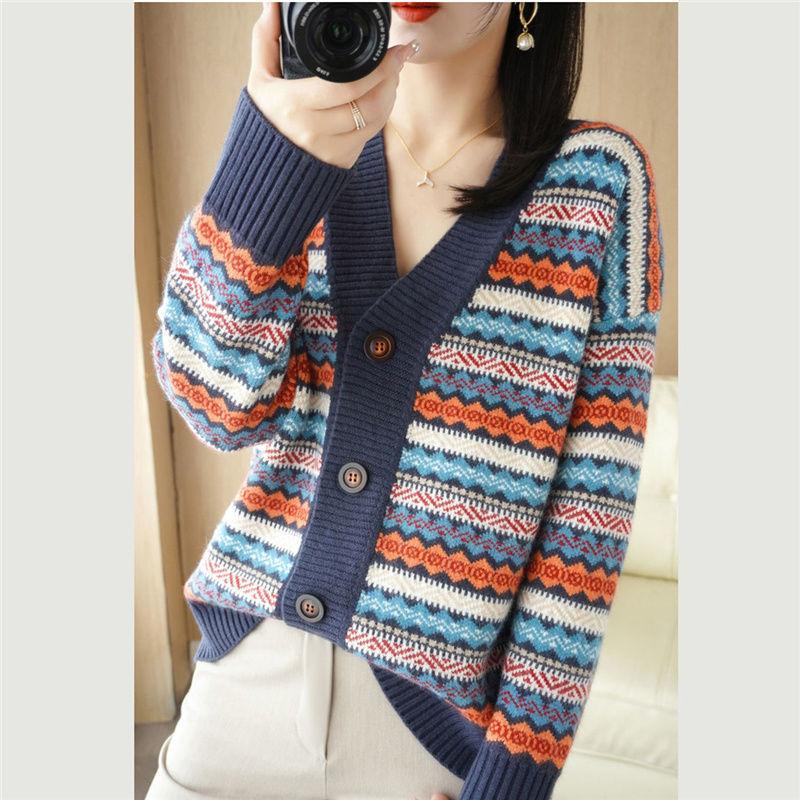 Striped Cashmere Cardigan Women's V-neck Casual Thick New Spring New Retro Jacquard Wool Sweater Knitted JSweater Jacket