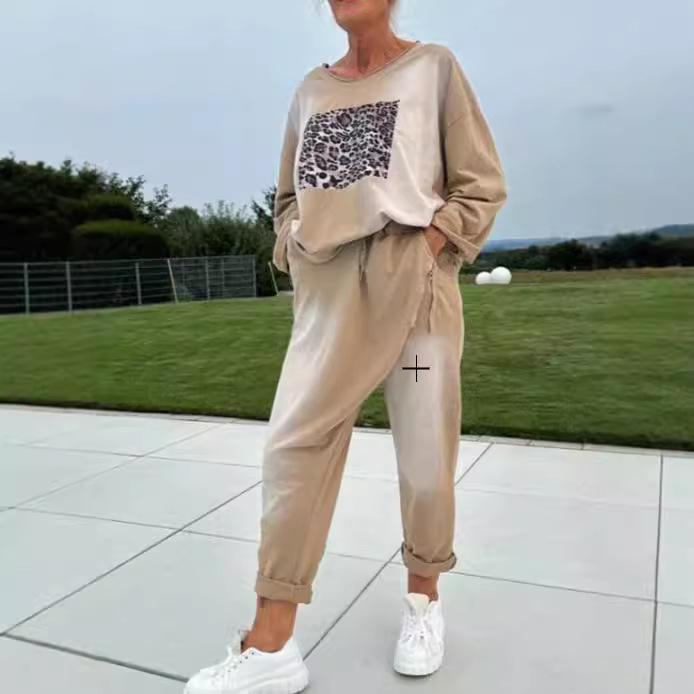 2024 Women's Autumn Casual Leopard Print Spliced Round Neck Knit Set