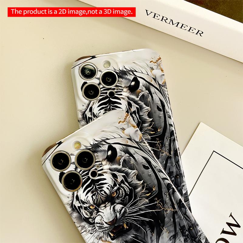 2DFlat Black Tiger Ink Art Phone Case All Inclusive Film Hard iPhone Case, Compatible with iPhone 18 Pro Max 17 16 15 14 13 12 11