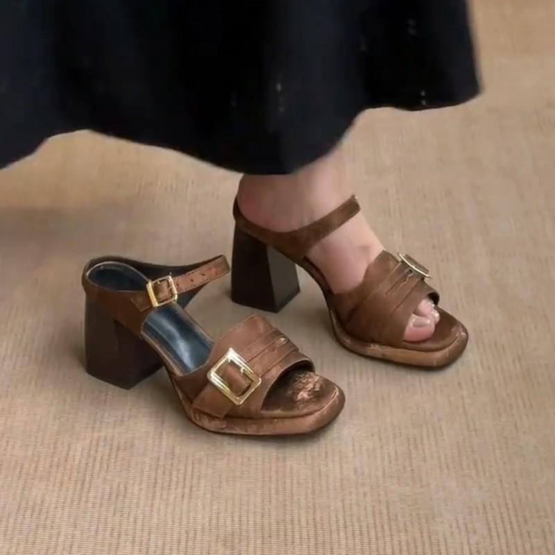 Fashion Summer New Thick Heel Sandals Fashion Square Head Shallow Mouth Metal Buckle Anti-slip Wear-resistant High Heels