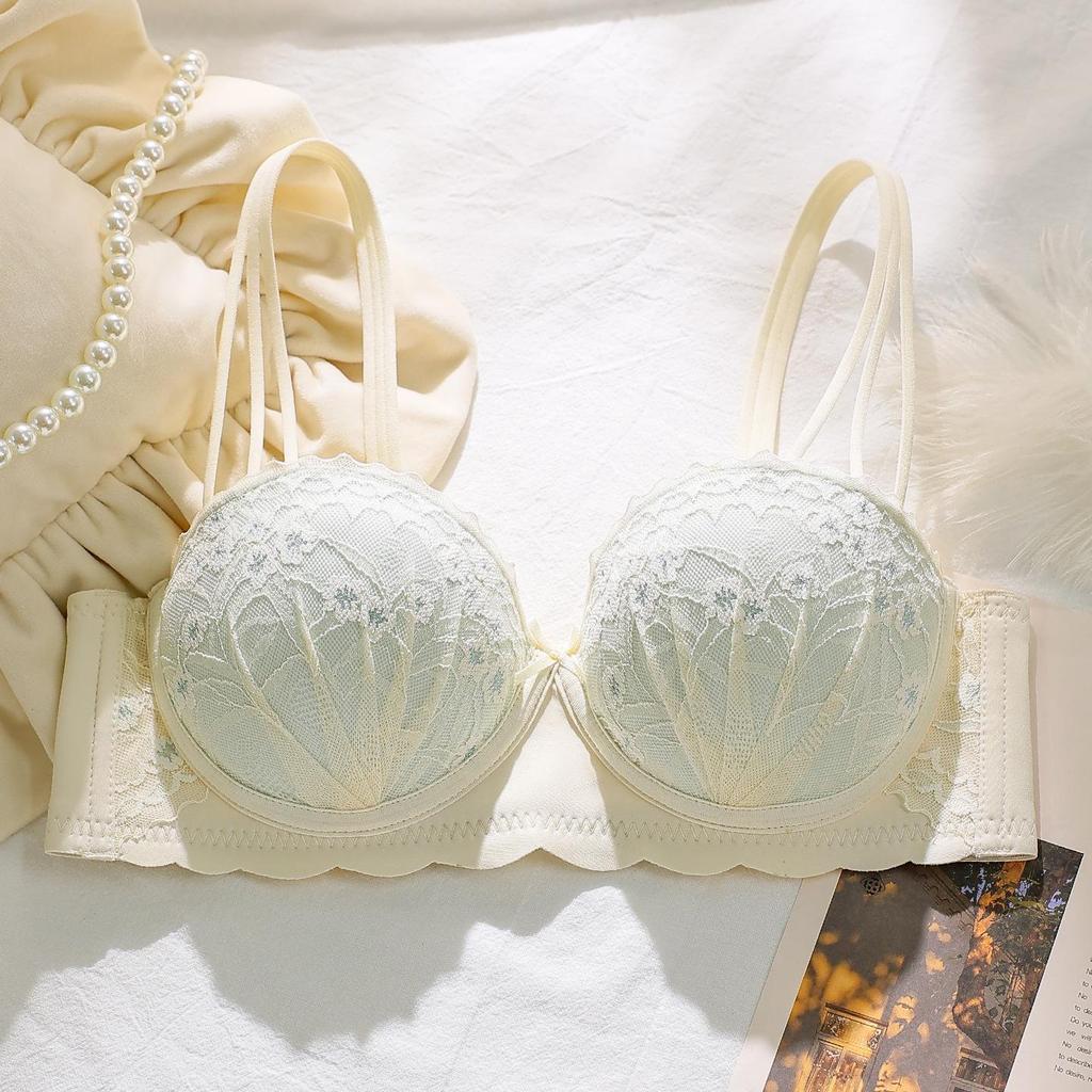 Sujetador de Lencería Push Up de Encaje Media Copa para Pecho Pequeño y Plano, Sin Aros, Anticaída, Relleno Extra Grueso.