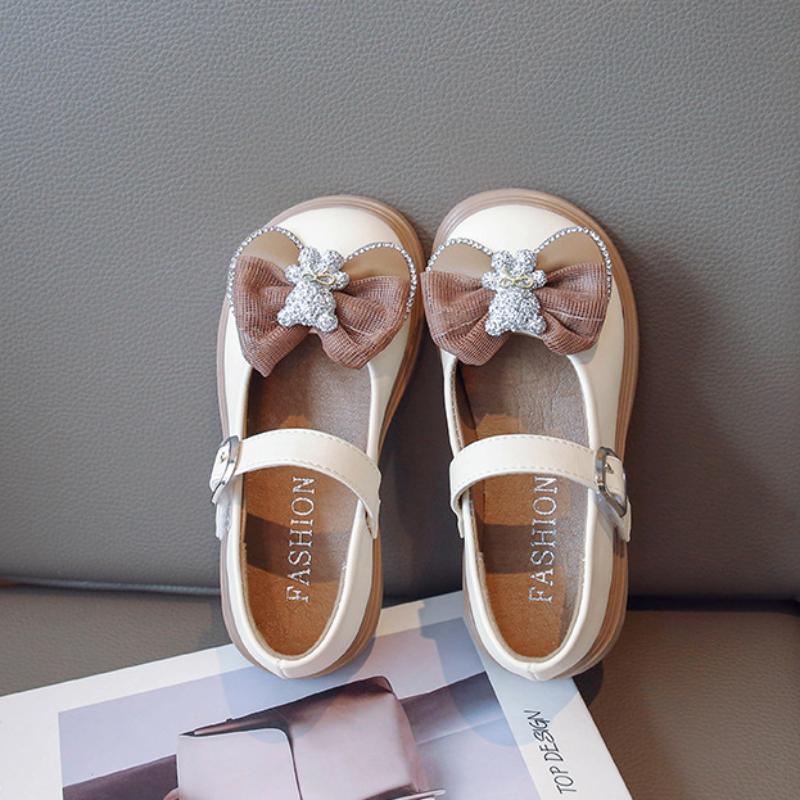 Spring Autumn Girl Leather Shoes Mary Jane Cute Bear Bowtie Children Princess Shoes Thick Bottom Causal Kids Dress Shoes Fashion