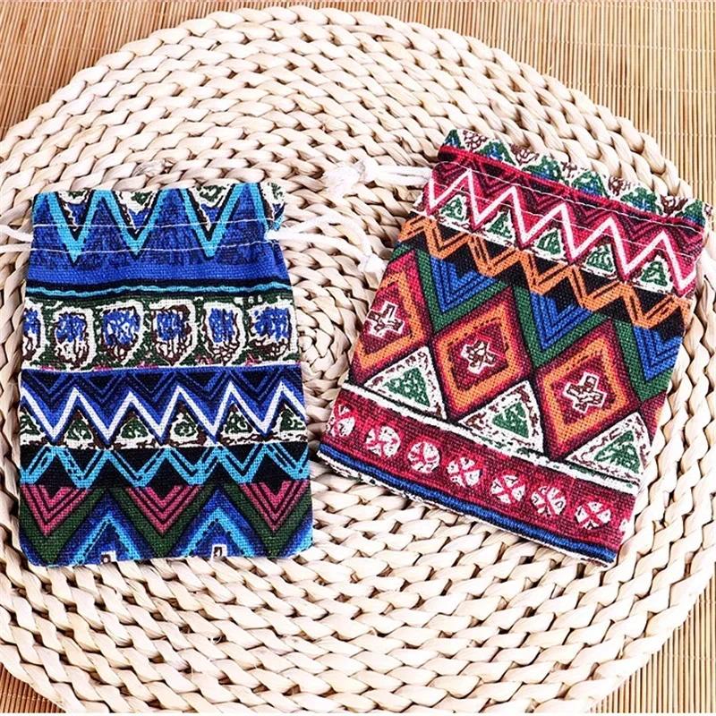 1pcs Antique Linen Cloth Drawstring Brocade Bag with Striped Pattern, Perfect for Jewelry and Stationery Storage