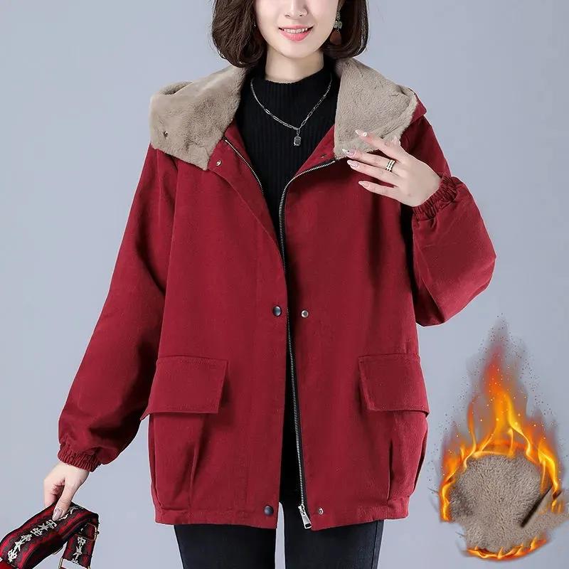 Women's Fleece-Lined Thickened Hooded Parka Jacket Solid Color Minimalist Causal Coat