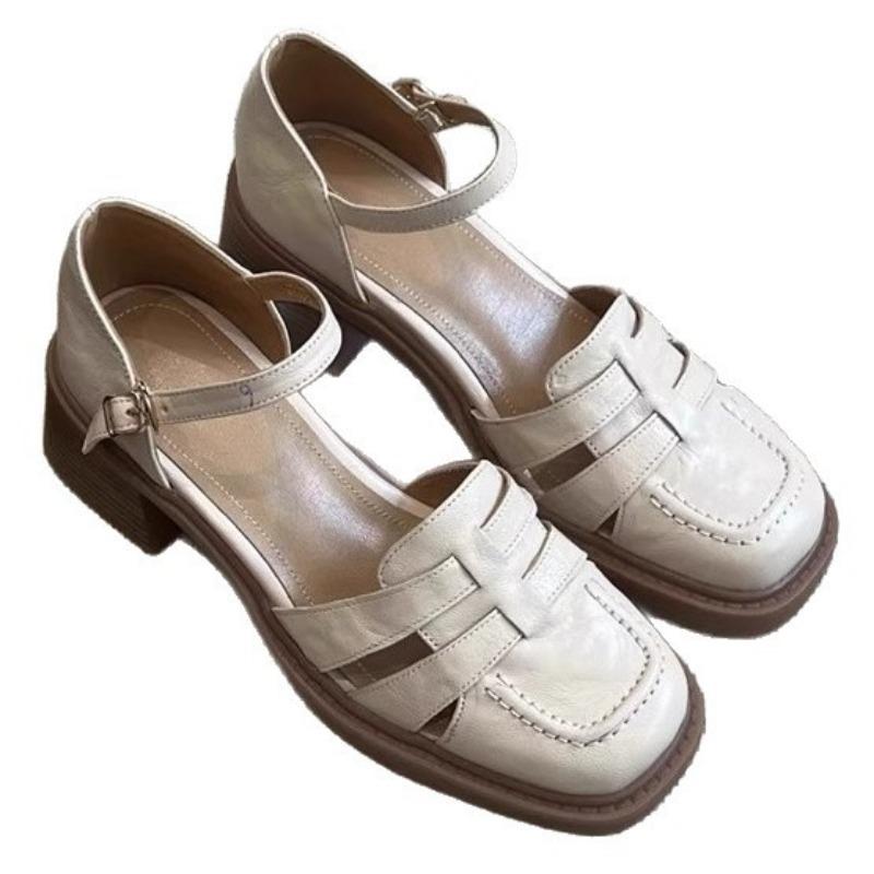 Leather Breathable Hollow Bag Head Sandals Women's Summer New Comfortable Soft-soled High-heeled Sandals