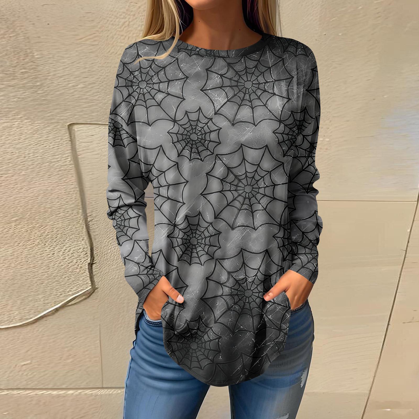 

Футболки для женщин, осенние повседневные рубашки с длинным рукавом, толстовка с принтом на Хэллоуин, топ, пуловер L серый