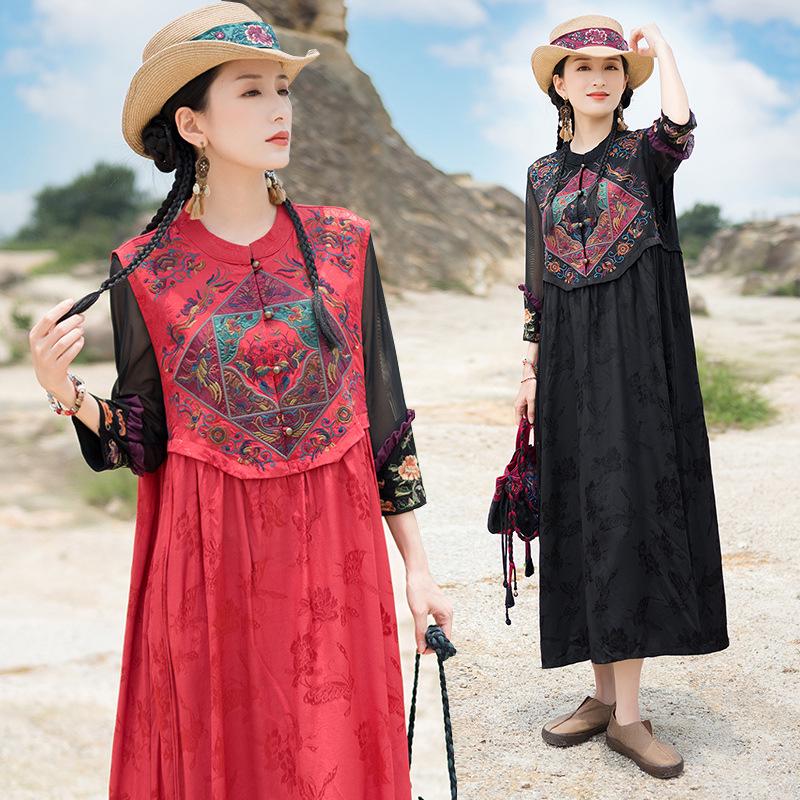 2025 Women's Ethnic Satin Jacquard Embroidered Vest Dress with Stand Collar
