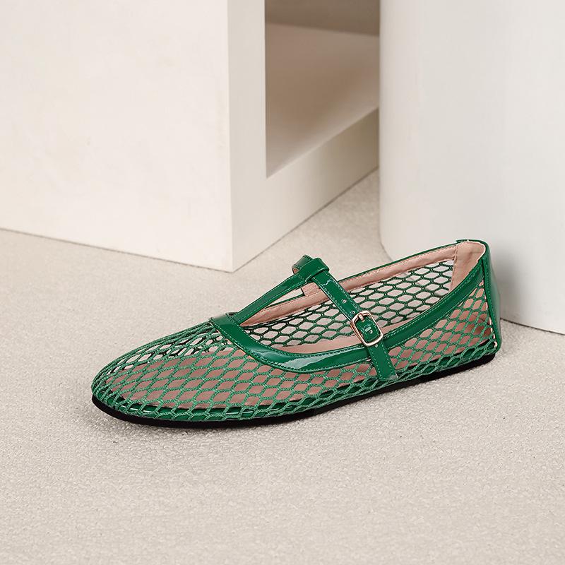 Fishnet Ballet Flats for Women Comfort Dressy Shoes With Ankle Strap Summer Round Closed Toe Mary Jane Shoes Women's Casual Non-Slip Mary Jane Flats
