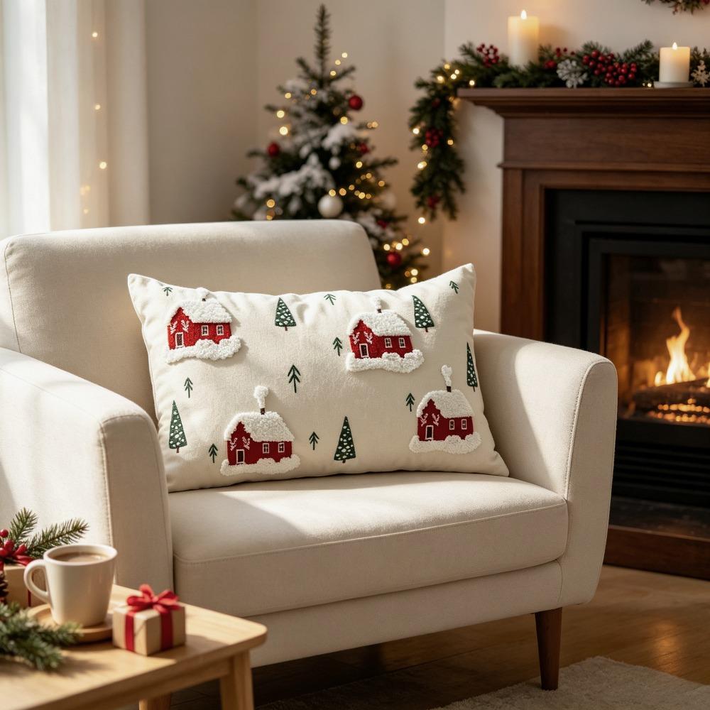 3D Embroidered Pattern Christmas Throw Pillow Cover Christmas Tree/Leaf Rectangular Sofa Pillowcase Square Washable