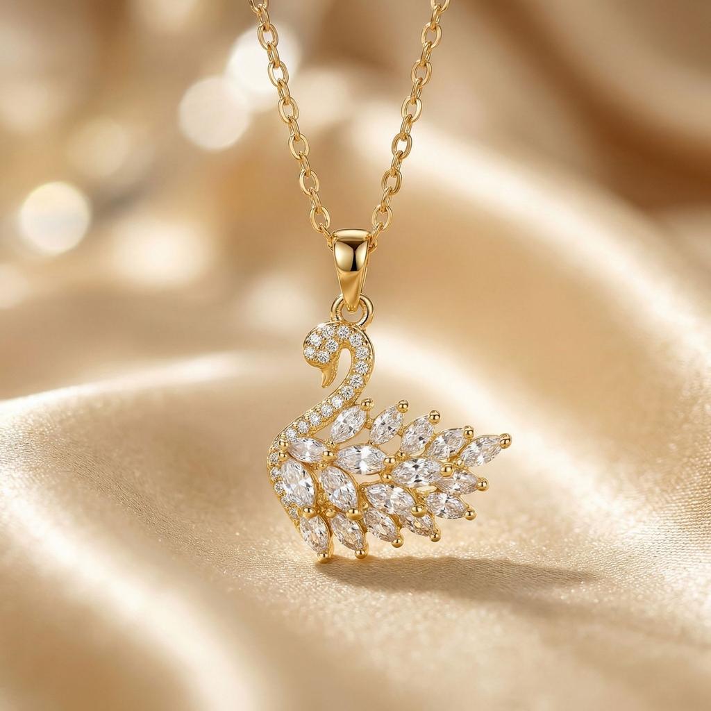 Luxury Swan Pendant Necklace for Women, Cubic Zirconia Inlaid Copper Charm, Gold Silver Plated Stainless Steel Chain, Elegant Jewelry