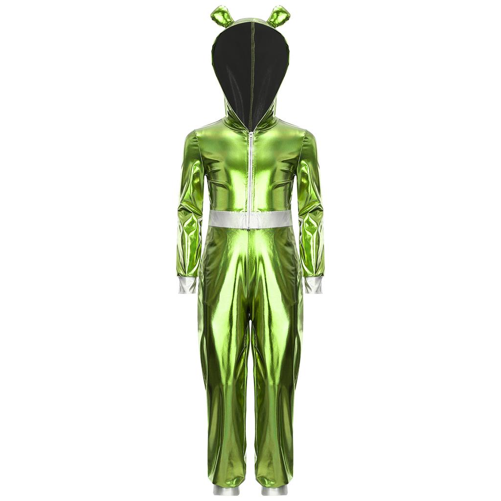 Mädchen Alien Halloween Kostüm Metallischer Glanz Kapuze Langarm Reißverschluss Vorne Jumpsuit Kostümparty Outfit