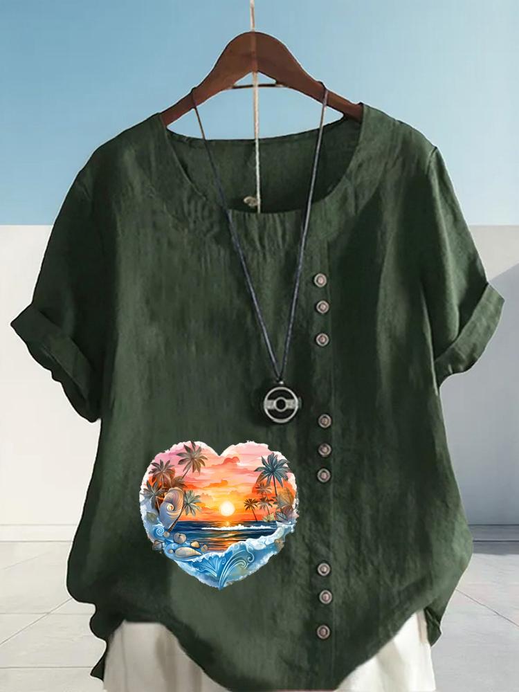 Women's Fashion Heart Shaped Scenery Print Round Neck Short Sleeve T-shirt Casual Cotton Linen Graphic Shirt Leisure Loose Summer Blouse Tops