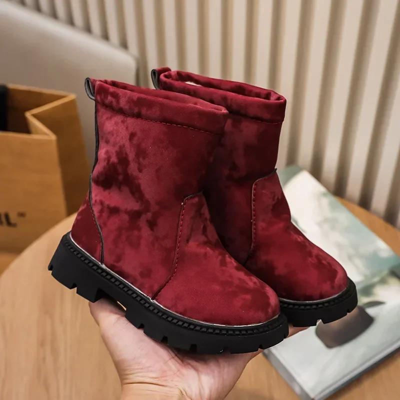 2024 Winter New Children Cotton Boots Warm Thicken Girls Boots Fashion Slip on Kids Snow Boots Soft Sole Non-slip Mid Calf Boot