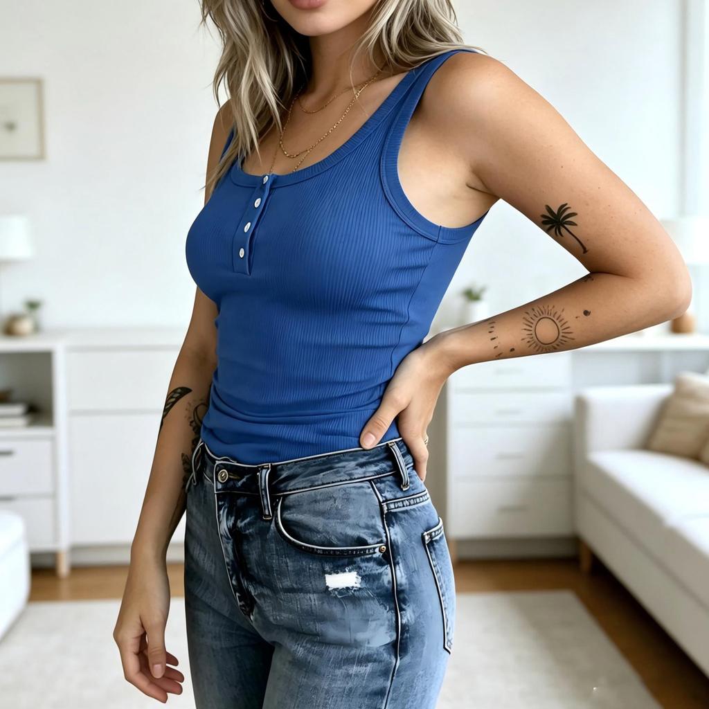 Women's Casual Neck Button Ribbed Slim Fit Sleeveless Tank Top