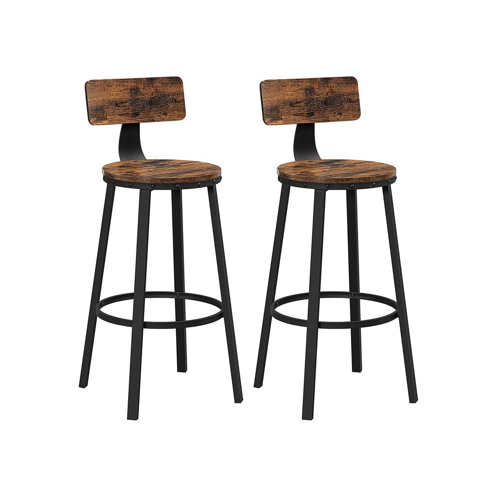 VASAGLE Bar Stools, Kitchen Stools, Set of 2 Tall Bar Chairs with Backrest, Steel Frame, 73 cm High Seat, Easy Assembly, Industrial