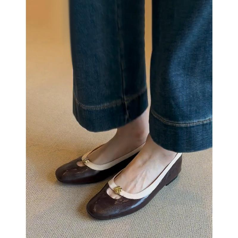 Cowhide Version~ Genuine Leather French Retro Camellia Shallow Mouth One-pedal Single Shoes Women's New Flat Shoes