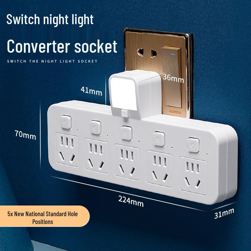 Multi-Outlet Power Strip with USB, Wireless Converter, Night Light, and Individual Switches for Home Office