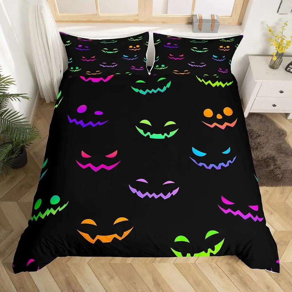 Halloween Duvet Cover Set Gothic Spooky Bedding Sets,Pumpkin Lantern Comforter Cover Horror Ghost Witch Hat Cat Bat Quilt Cover