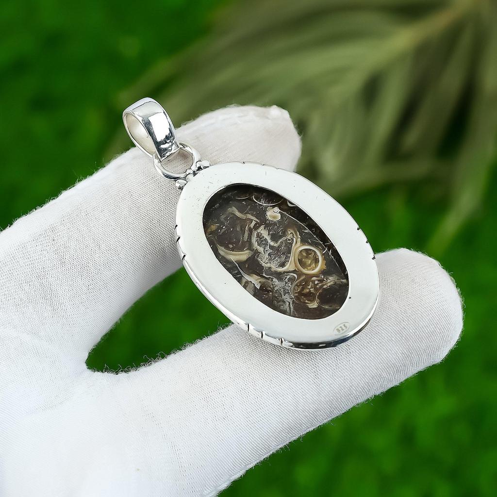 925 Sterling Silver Oval Natural Turritella Agate Wedding Sister Pendant Jewelry