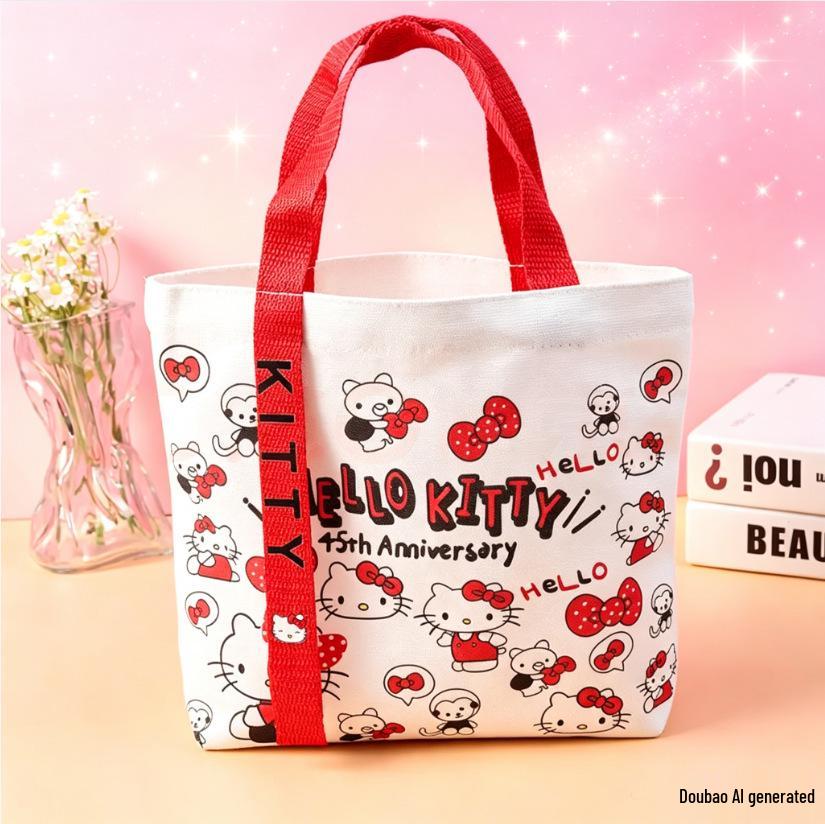 Portable Bear Print Canvas Tote Bag for Office Workers - Small Handheld Lunch and Sundries Bag