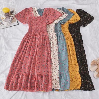 2024 Summer Women's Retro Korean Floral Square Neck Slim Ruffle Dress