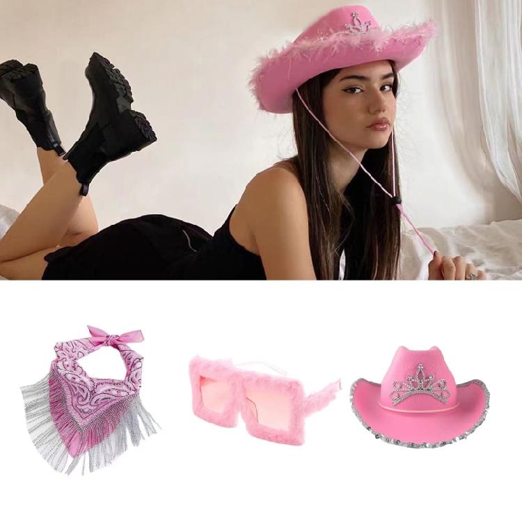Blingbling Cowgirl Hat Scarf Sequined Brim Hat Scarf and Sunglasses Set