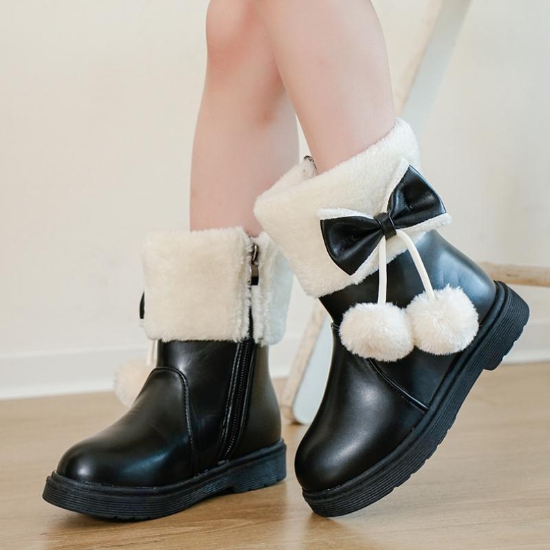 Children's snow boots, girls' leather short boots, winter velvet warm princess boots, medium to large children's and girls' cotton boots