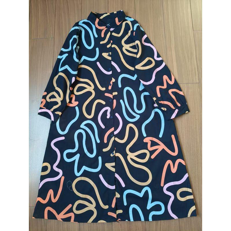 

Orders Exported to Japan Print Long sleeve dress Women 2025 Spring New Polo Collar Cotton High Waist Shirt Dress A- line Skirt Dark navy blue All yards