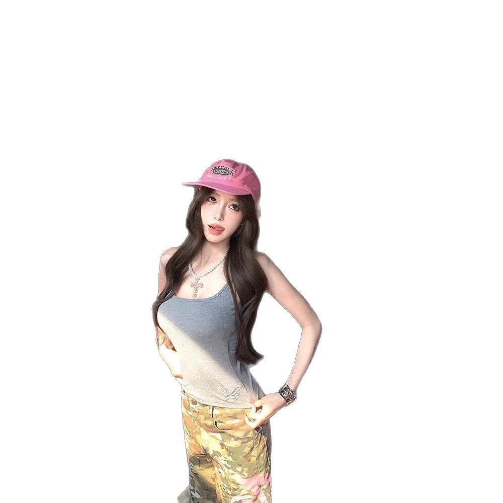 #Summer sexy pure desire front and rear butterfly embroidery hollowed sling vest women's one-piece with chest pad to look thin