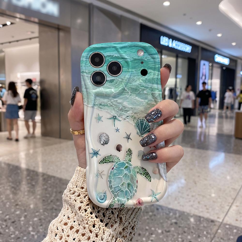Sea Turtle Shell Beach Ocean Phone Case for iPhone 16 15 14 Pro Max 13 12 11 Mini XR XS SE Wavy Edge Soft Cover