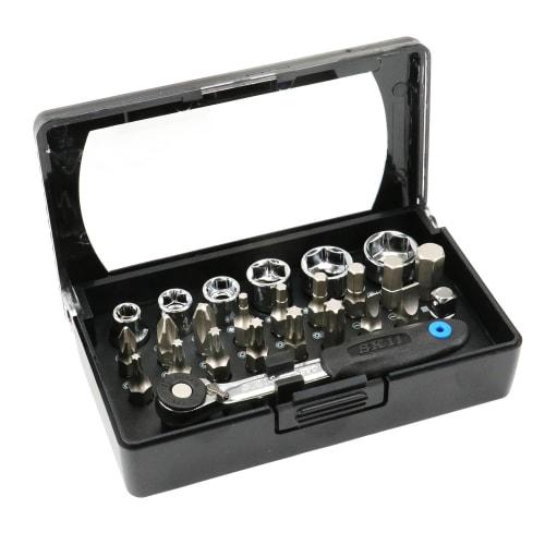 SK11 Slim Ratchet Driver Set, 27-Piece Set, with 52-tooth gear for superior operability, quick-turn function, and a compact 14.3mm head width for work