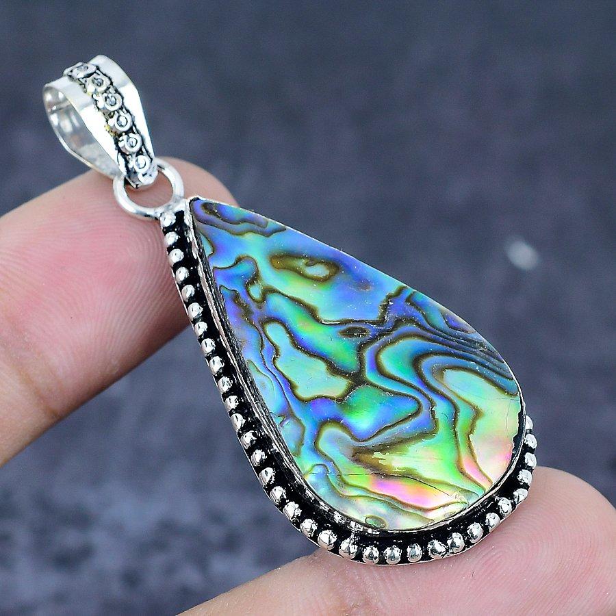 Natural Abalone Shell Gemstone 925 Sterling Silver Jewelry Pendant 2.17" N0j90