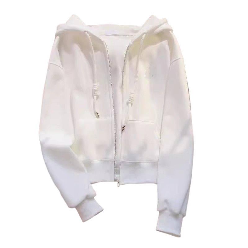 Ein kleines, schlichtes weißes Kapuzensweatshirt für Damen im Herbst und Winter, verdickt mit Fleece, figurbetonende, lockere Strickjacke
