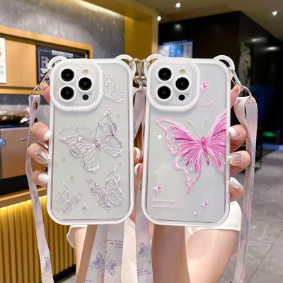Kreativer und personalisierter Schmetterling für iPhone15 Handyhülle für Apple 14 ProMax Hängeseil 13 Komplettpaket Sturzsicher Damen-Edition
